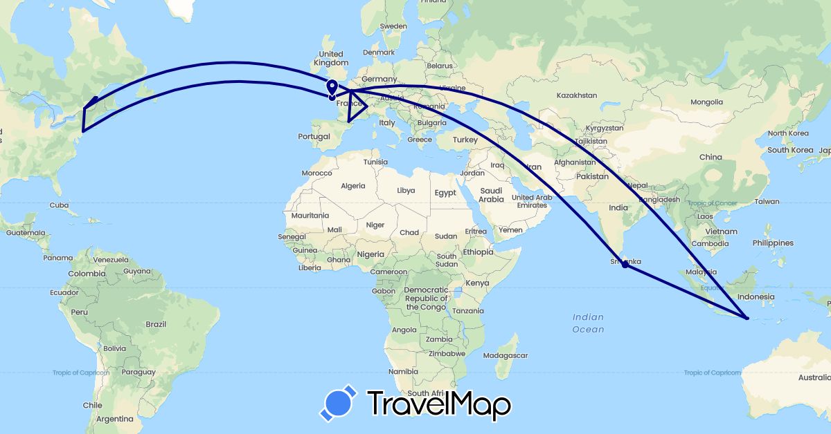 TravelMap itinerary: driving in Canada, France, Indonesia, Sri Lanka, United States (Asia, Europe, North America)